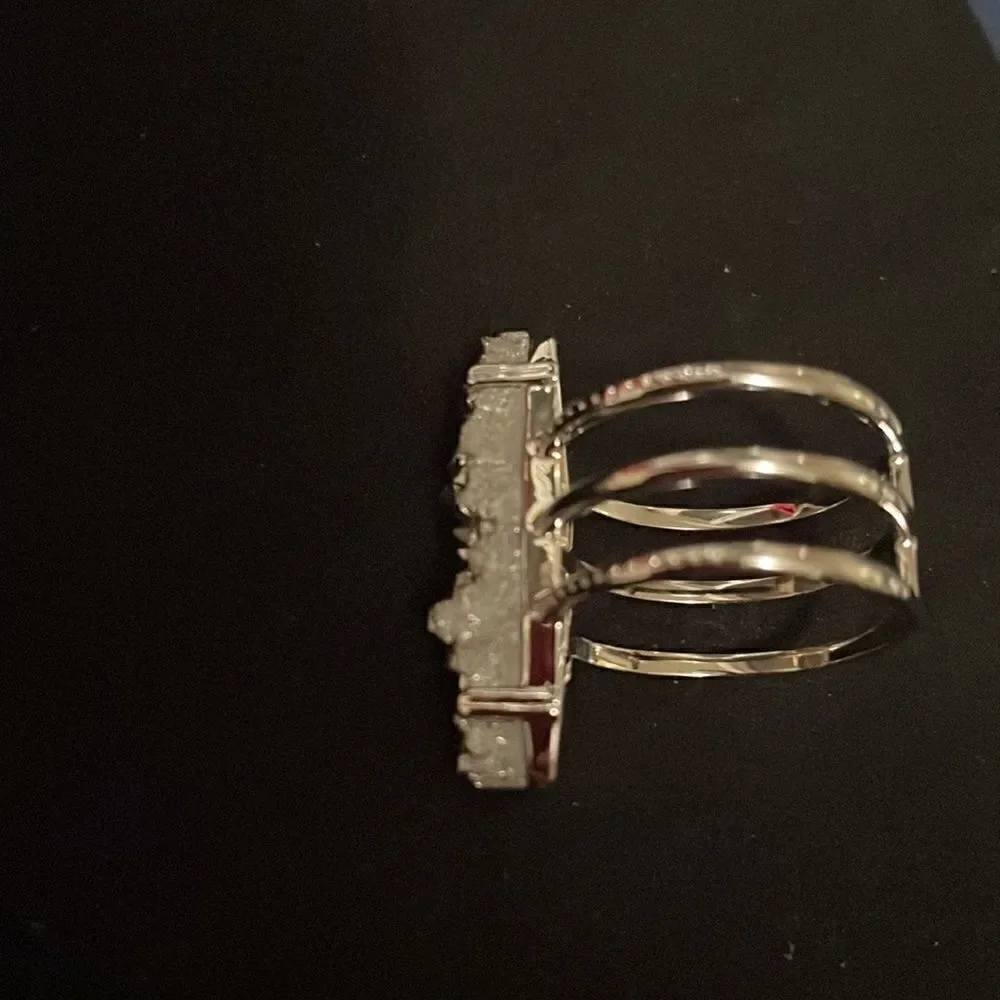NWT! Rhodium Platinum Druzy Quartz Triple Tiered Ring Size 7